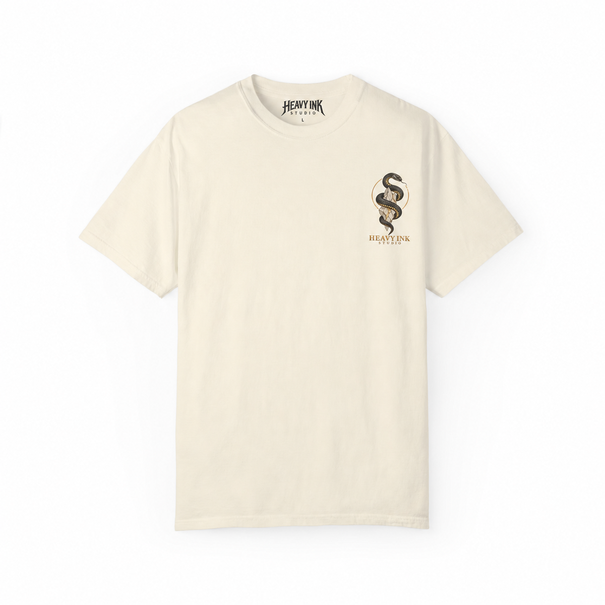 Statue & Serpent tee in Ivory, front artwork and Heavy Ink Studio printed neck label
